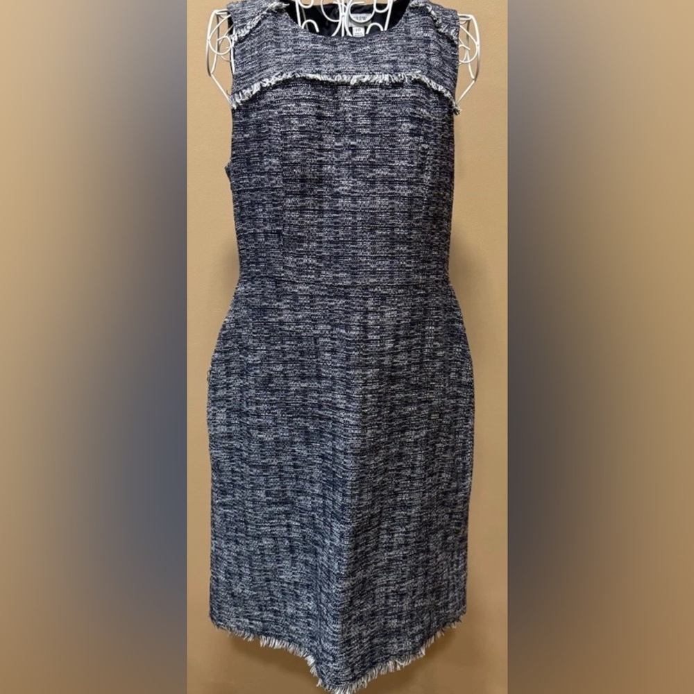 J.Crew Tweed Sheath Dress Navy White Sleeveless Lined Metallic Fringe Size 10